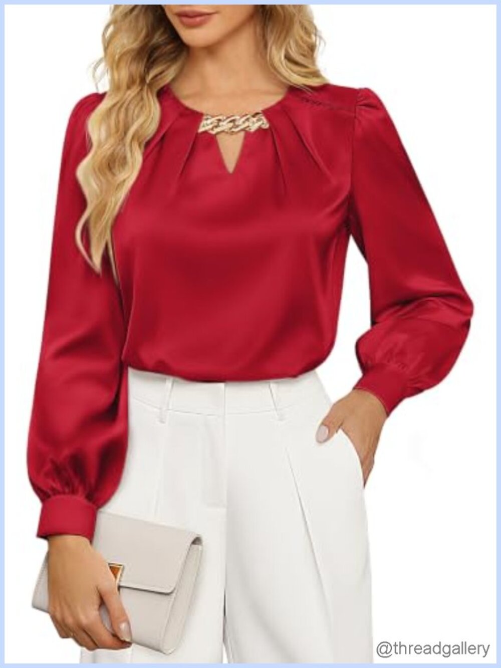 JASAMBAC Satin Keyhole Neck Long Sleeve Blouse Business Casual Work Top